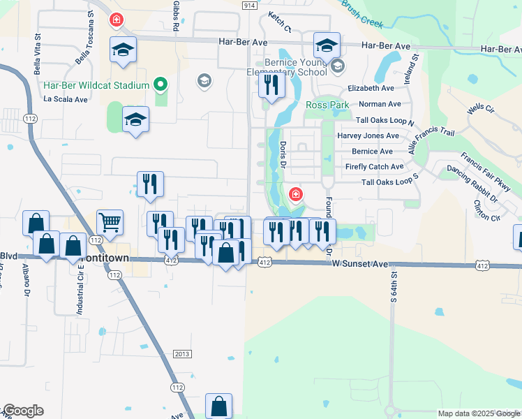 map of restaurants, bars, coffee shops, grocery stores, and more near 901 Jones Road in Springdale