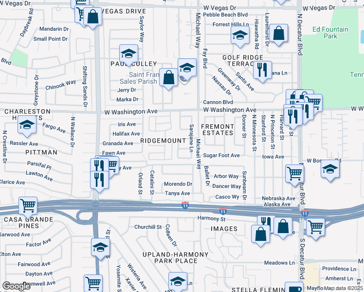 map of restaurants, bars, coffee shops, grocery stores, and more near 5424 Frank Fenlon Avenue in Las Vegas