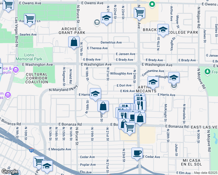 map of restaurants, bars, coffee shops, grocery stores, and more near 816 N 21st St in Las Vegas