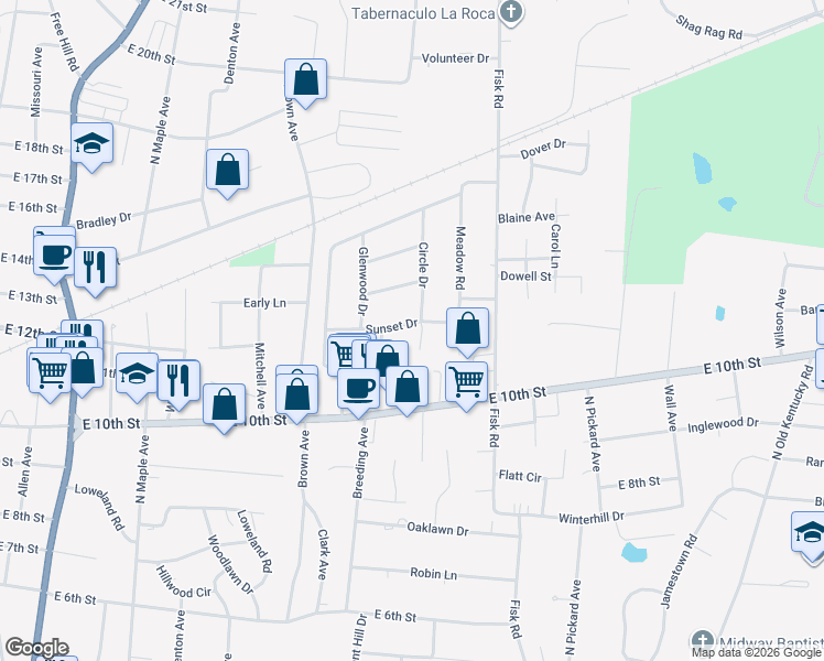 map of restaurants, bars, coffee shops, grocery stores, and more near 977 Sunset Drive in Cookeville