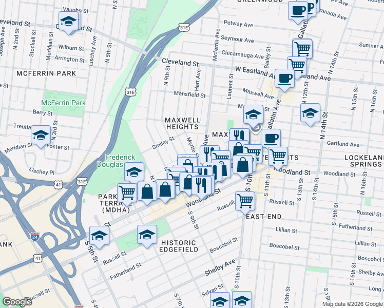 map of restaurants, bars, coffee shops, grocery stores, and more near 110 Myrtle Street in Nashville