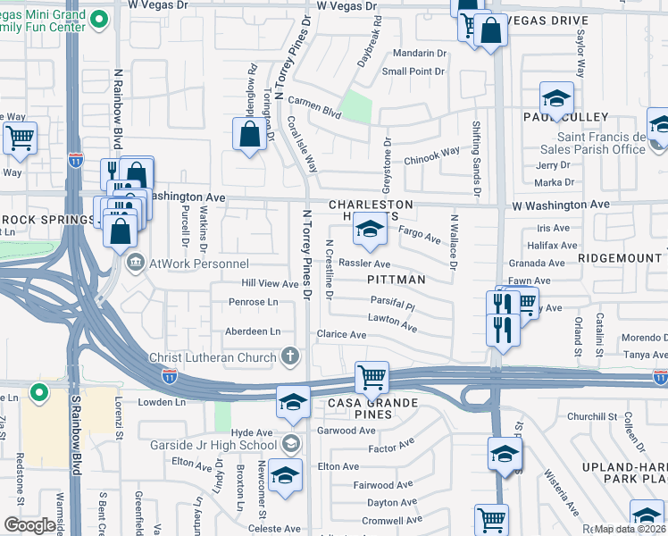 map of restaurants, bars, coffee shops, grocery stores, and more near 6345 Rassler Avenue in Las Vegas