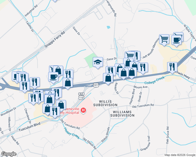 map of restaurants, bars, coffee shops, grocery stores, and more near 1724 Lafayette Street in Greeneville