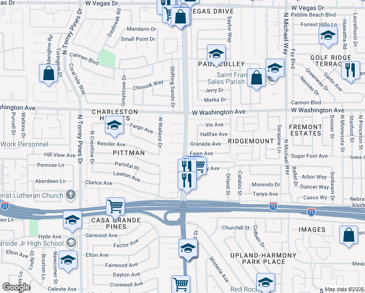 map of restaurants, bars, coffee shops, grocery stores, and more near 6101 Granada Circle in Las Vegas