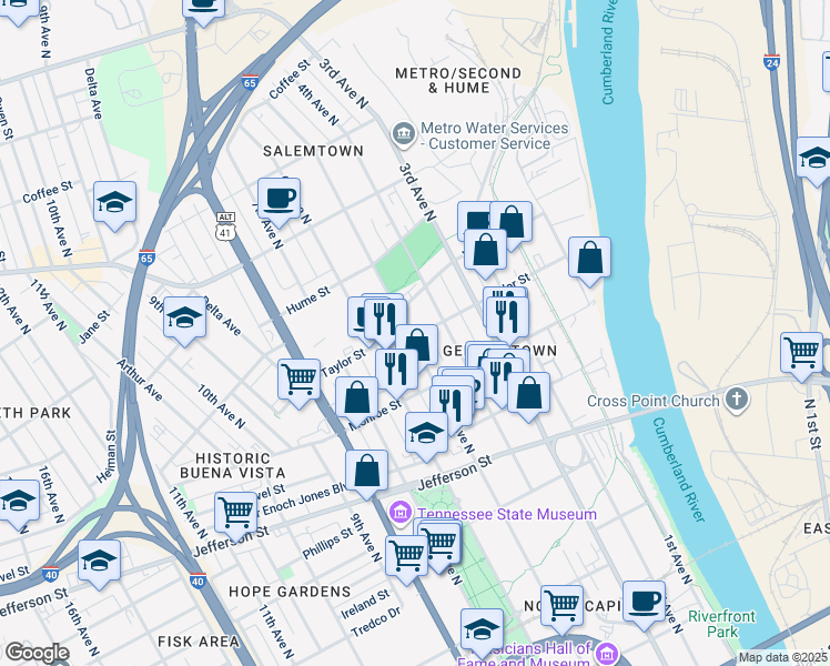 map of restaurants, bars, coffee shops, grocery stores, and more near 1404 5th Avenue North in Nashville-Davidson metropolitan government (balance)