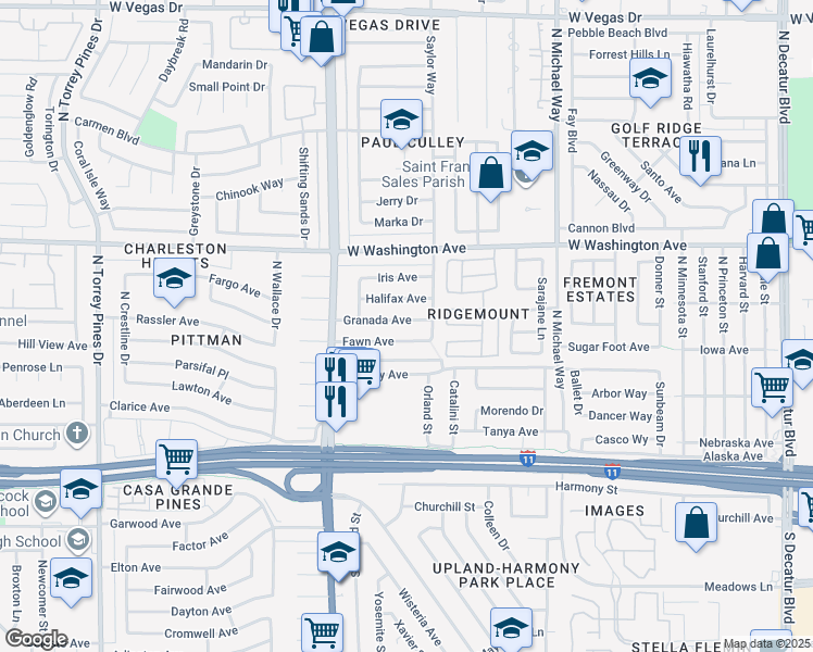 map of restaurants, bars, coffee shops, grocery stores, and more near 5817 Granada Avenue in Las Vegas