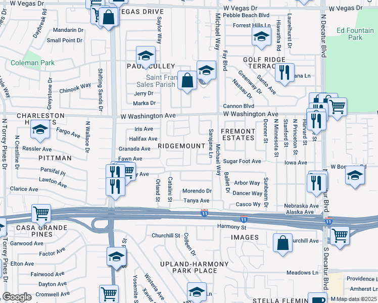 map of restaurants, bars, coffee shops, grocery stores, and more near 608 Woodmount Drive in Las Vegas