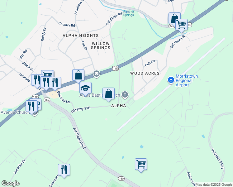 map of restaurants, bars, coffee shops, grocery stores, and more near 234 Saint John's Road in Morristown