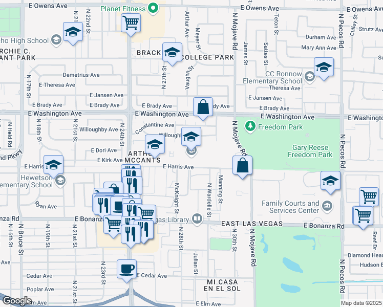 map of restaurants, bars, coffee shops, grocery stores, and more near 2851 East Harris Avenue in Las Vegas