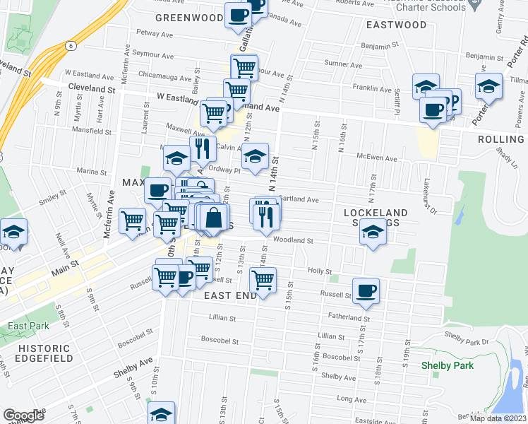 map of restaurants, bars, coffee shops, grocery stores, and more near 1305 Forrest Avenue in Nashville