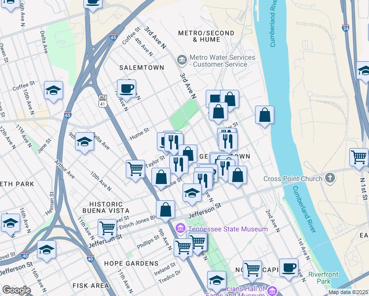 map of restaurants, bars, coffee shops, grocery stores, and more near 1404 5th Avenue North in Nashville-Davidson metropolitan government (balance)
