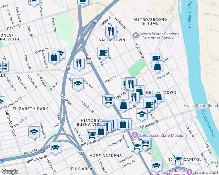 map of restaurants, bars, coffee shops, grocery stores, and more near in Nashville