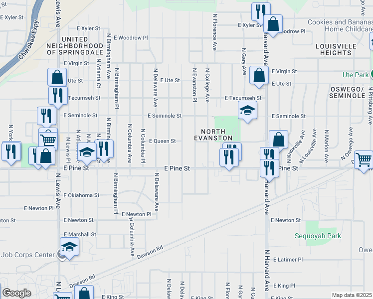map of restaurants, bars, coffee shops, grocery stores, and more near 1537 North Evanston Avenue in Tulsa
