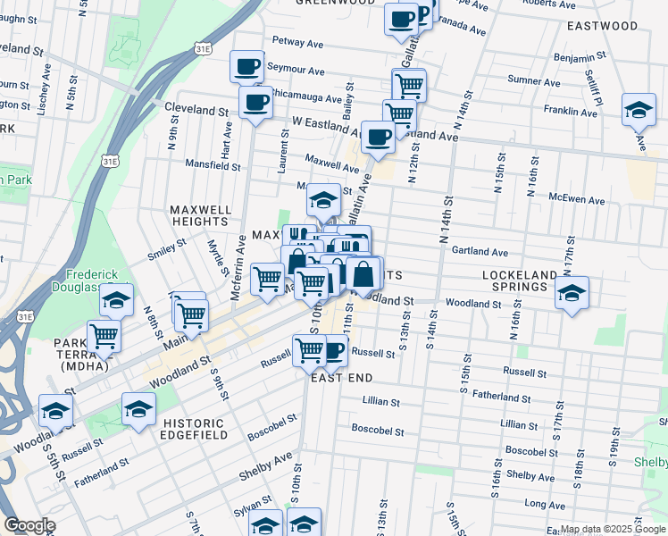 map of restaurants, bars, coffee shops, grocery stores, and more near 1234 Main Street in Nashville