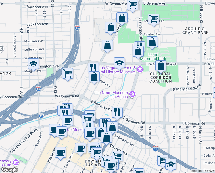 map of restaurants, bars, coffee shops, grocery stores, and more near 135 Palm Lane in Las Vegas