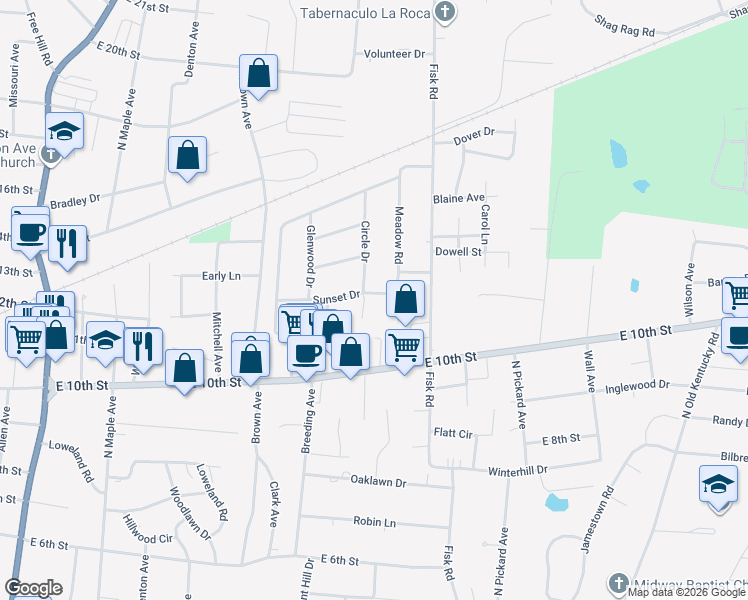 map of restaurants, bars, coffee shops, grocery stores, and more near 977 Sunset Drive in Cookeville