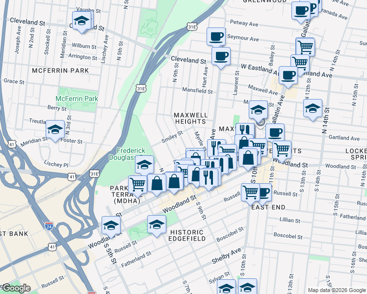 map of restaurants, bars, coffee shops, grocery stores, and more near 115D North 9th Street in Nashville