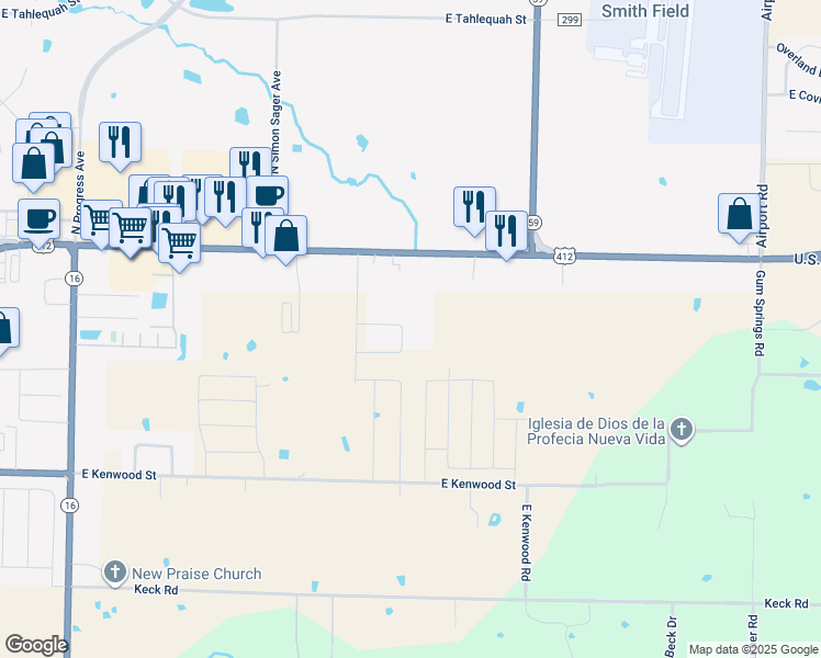 map of restaurants, bars, coffee shops, grocery stores, and more near 3909 Thomas Street in Siloam Springs