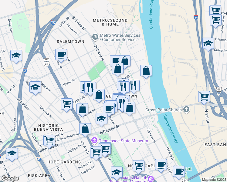 map of restaurants, bars, coffee shops, grocery stores, and more near in Nashville