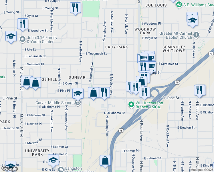 map of restaurants, bars, coffee shops, grocery stores, and more near 788 East Queen Street in Tulsa