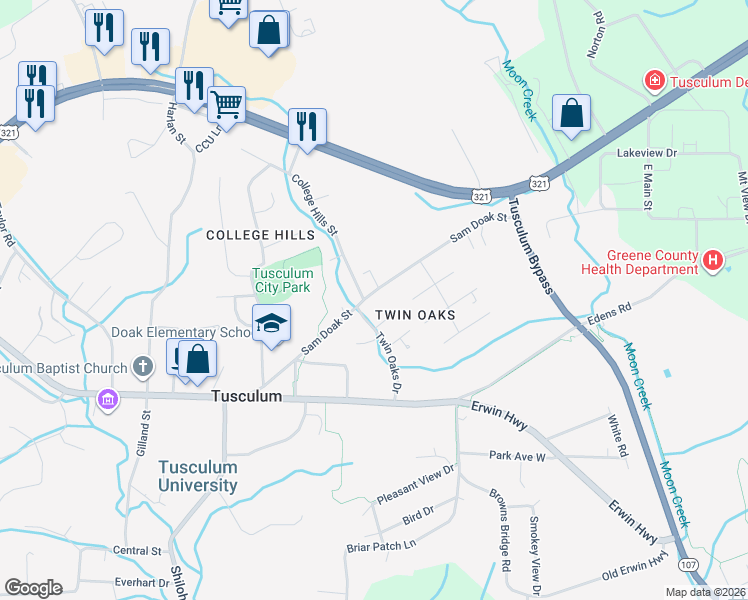 map of restaurants, bars, coffee shops, grocery stores, and more near 364 Sam Doak Street in Greeneville