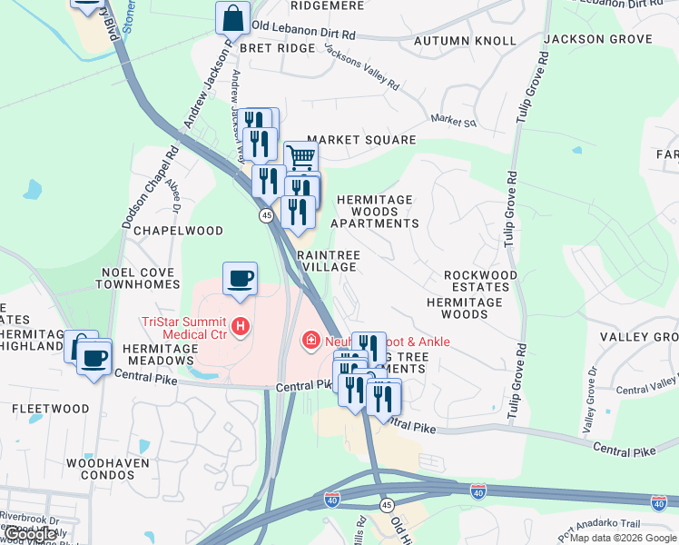 map of restaurants, bars, coffee shops, grocery stores, and more near 421 Raintree Drive in Nashville