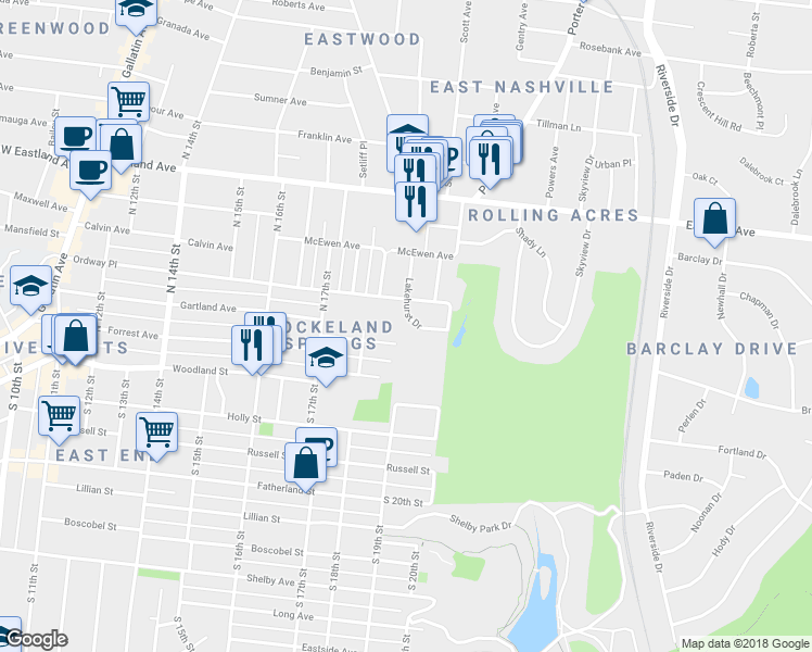 map of restaurants, bars, coffee shops, grocery stores, and more near 1800 Lakehurst Drive in Nashville