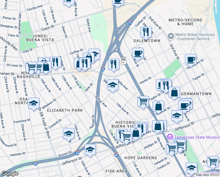 map of restaurants, bars, coffee shops, grocery stores, and more near 1605 9th Avenue North in Nashville