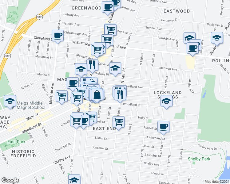 map of restaurants, bars, coffee shops, grocery stores, and more near 1305 Forrest Avenue in Nashville