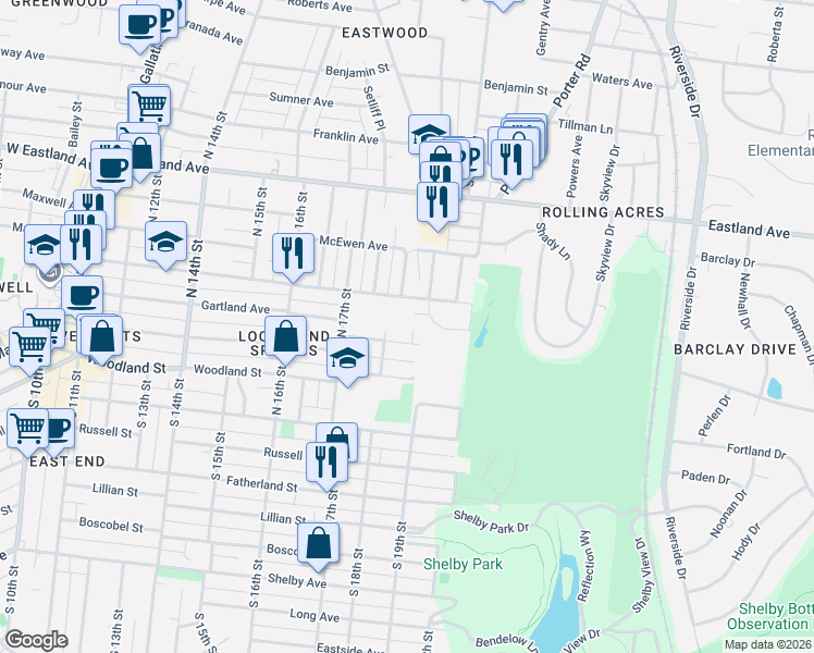 map of restaurants, bars, coffee shops, grocery stores, and more near 203 North 18th Street in Nashville