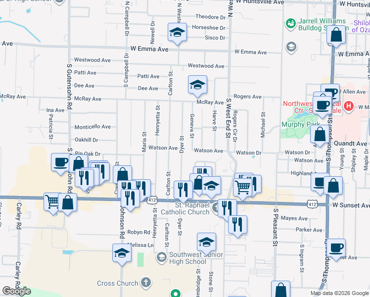 map of restaurants, bars, coffee shops, grocery stores, and more near 1901 Watson Avenue in Springdale