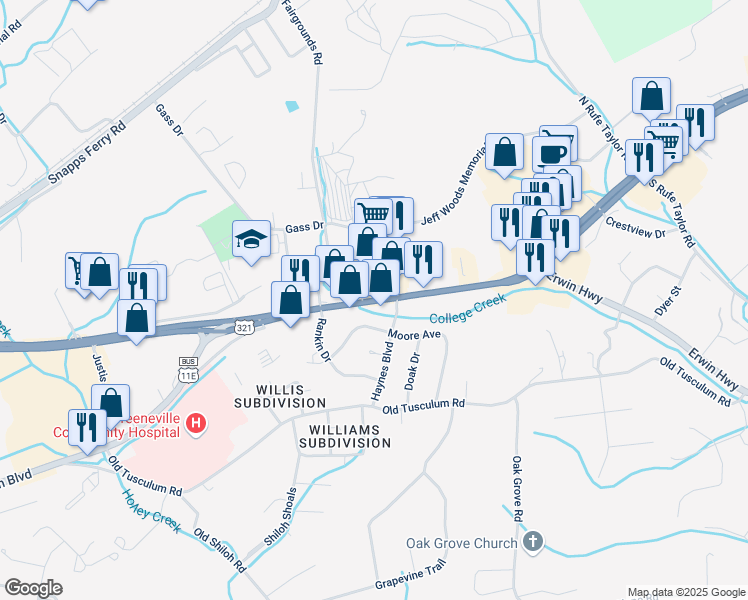 map of restaurants, bars, coffee shops, grocery stores, and more near 2325 East Andrew Johnson Highway in Greeneville