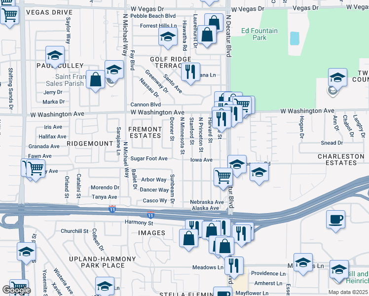 map of restaurants, bars, coffee shops, grocery stores, and more near 504 North Minnesota Street in Las Vegas
