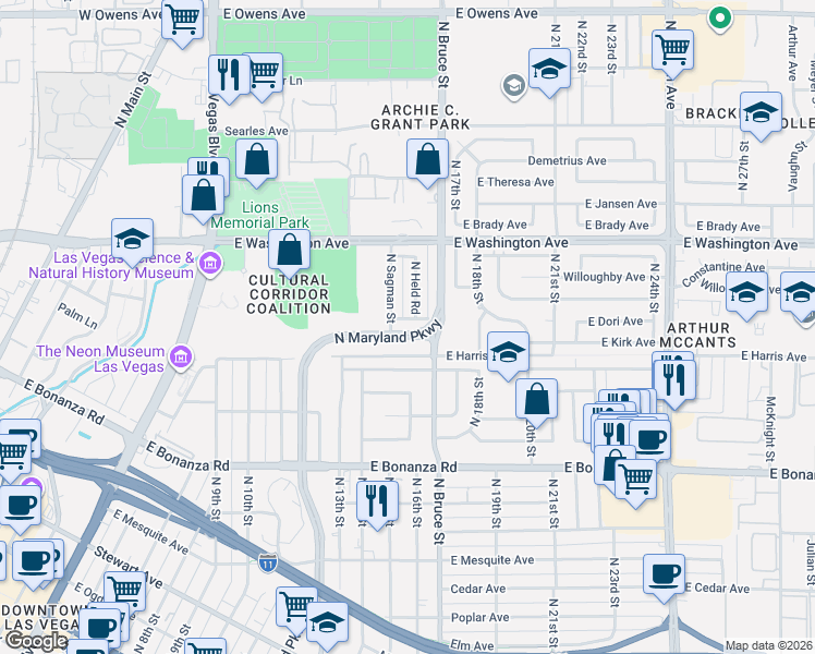 map of restaurants, bars, coffee shops, grocery stores, and more near 1609 Pastel Place in Las Vegas