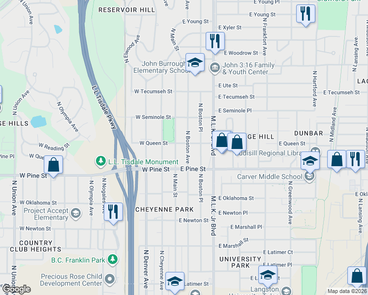 map of restaurants, bars, coffee shops, grocery stores, and more near 1543 North Boston Avenue in Tulsa
