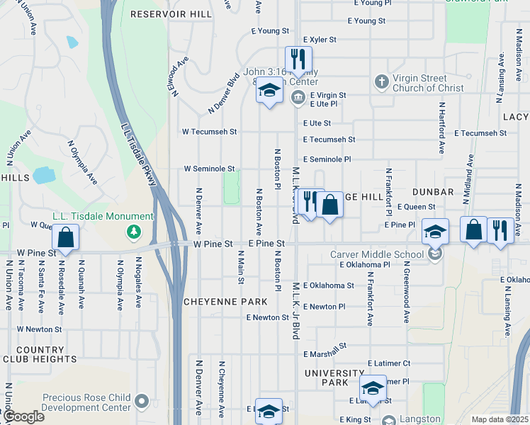 map of restaurants, bars, coffee shops, grocery stores, and more near 1543 North Boston Avenue in Tulsa