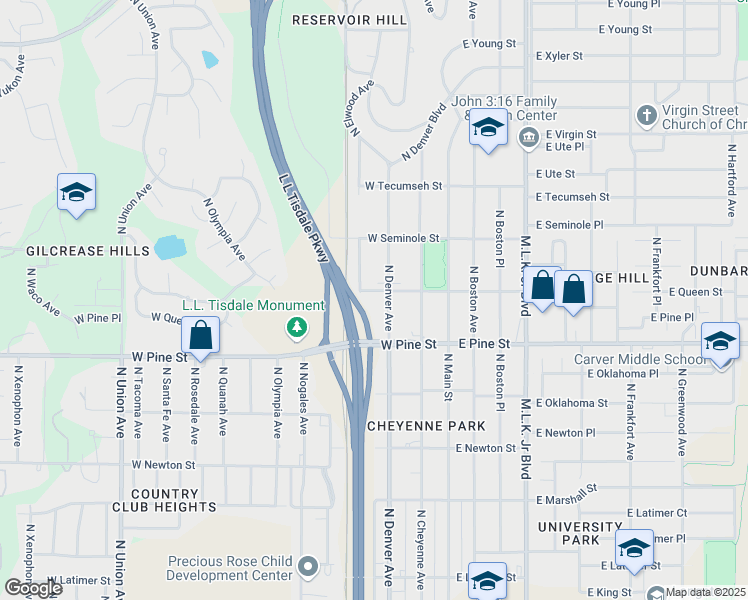 map of restaurants, bars, coffee shops, grocery stores, and more near 312 West Queen Street in Tulsa