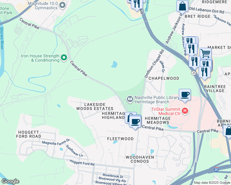 map of restaurants, bars, coffee shops, grocery stores, and more near 3753 Central Pike in Nashville