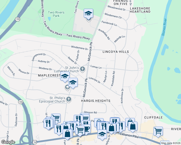 map of restaurants, bars, coffee shops, grocery stores, and more near 3258 McGavock Pike in Nashville