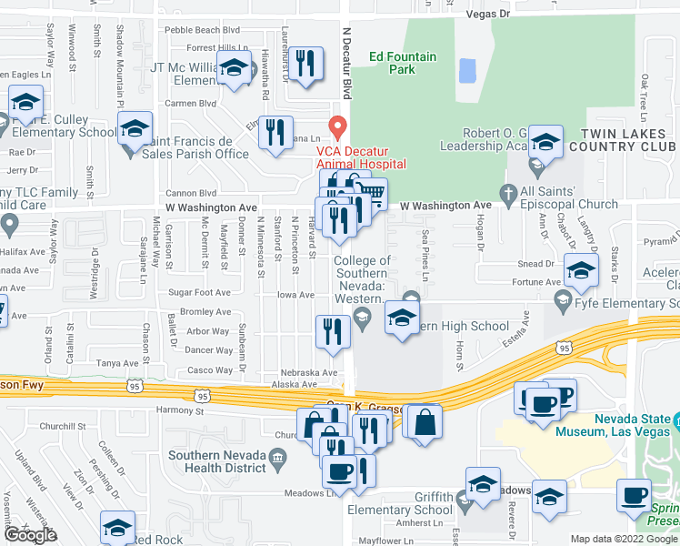 map of restaurants, bars, coffee shops, grocery stores, and more near 505 North Decatur Boulevard in Las Vegas