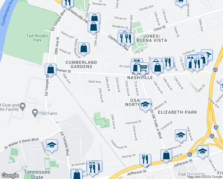map of restaurants, bars, coffee shops, grocery stores, and more near 1728 24th Ave N in Nashville