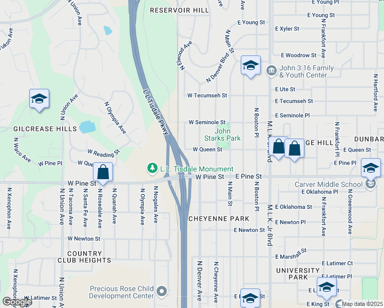 map of restaurants, bars, coffee shops, grocery stores, and more near 312 West Queen Street in Tulsa