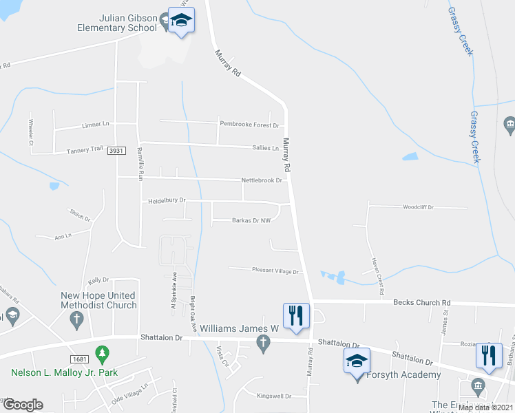map of restaurants, bars, coffee shops, grocery stores, and more near 2020 Heidelbury Drive in Winston-Salem
