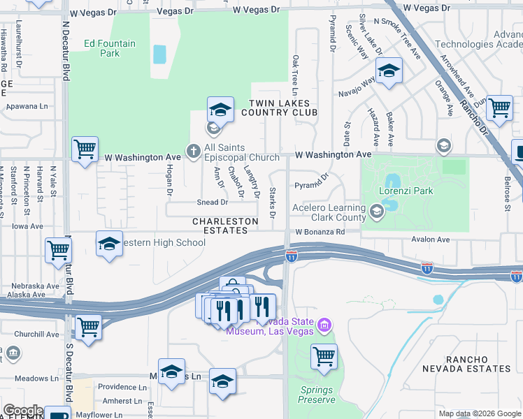 map of restaurants, bars, coffee shops, grocery stores, and more near 620 Langtry Drive in Las Vegas