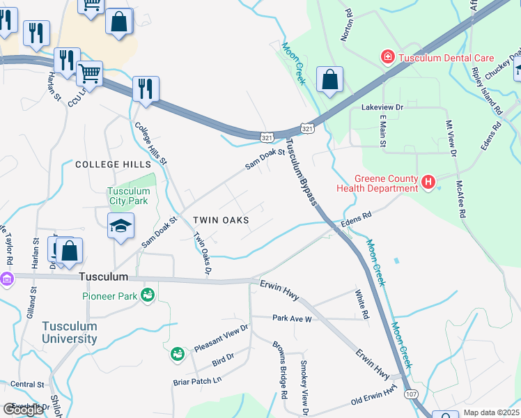 map of restaurants, bars, coffee shops, grocery stores, and more near 72 E Ridgefield Ct in Greeneville