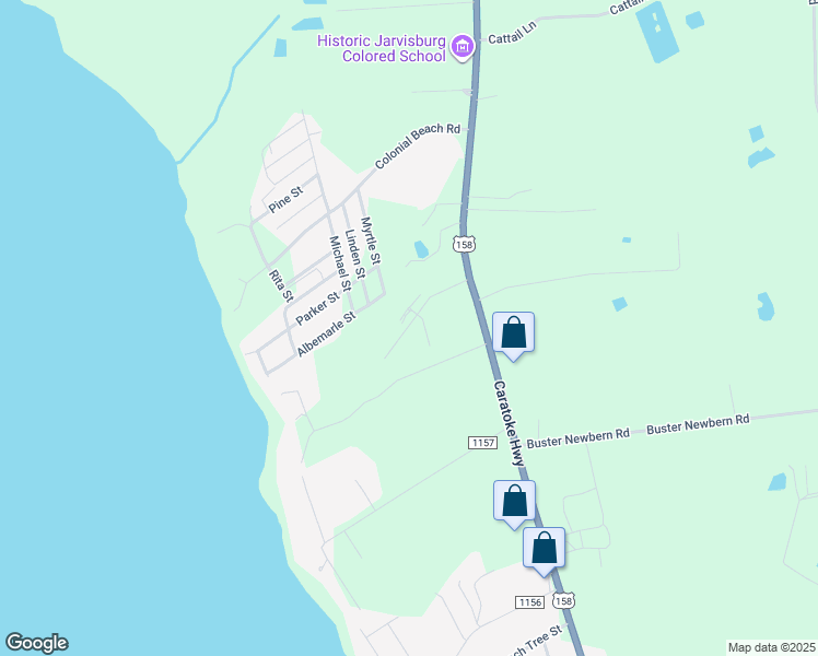 map of restaurants, bars, coffee shops, grocery stores, and more near 7400 Caratoke Highway in Jarvisburg