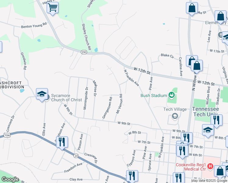 map of restaurants, bars, coffee shops, grocery stores, and more near 655 Valley Forge Road in Cookeville