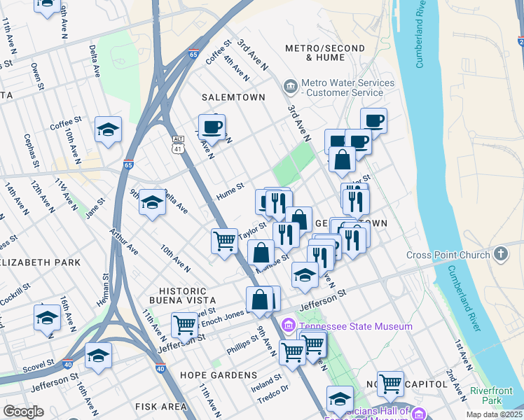 map of restaurants, bars, coffee shops, grocery stores, and more near 601 Press Place in Nashville