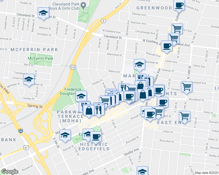 map of restaurants, bars, coffee shops, grocery stores, and more near 115D North 9th Street in Nashville