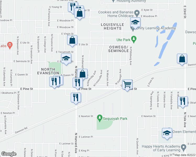 map of restaurants, bars, coffee shops, grocery stores, and more near 1530 North Louisville Avenue in Tulsa